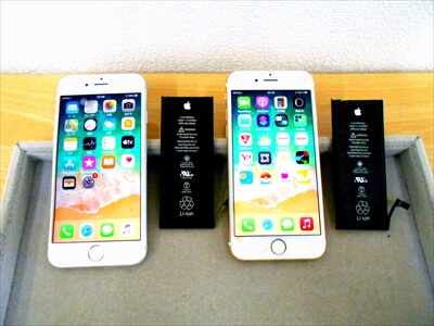 岡山県倉敷市からお越し頂きました！iPhone(アイフォン)6Sバッテリー交換修理×２台！　ゲームにお使いのiPhone2台！サクッと短時間でお安く、大変元気なiPhoneに復活致しました！＼(^o^)／